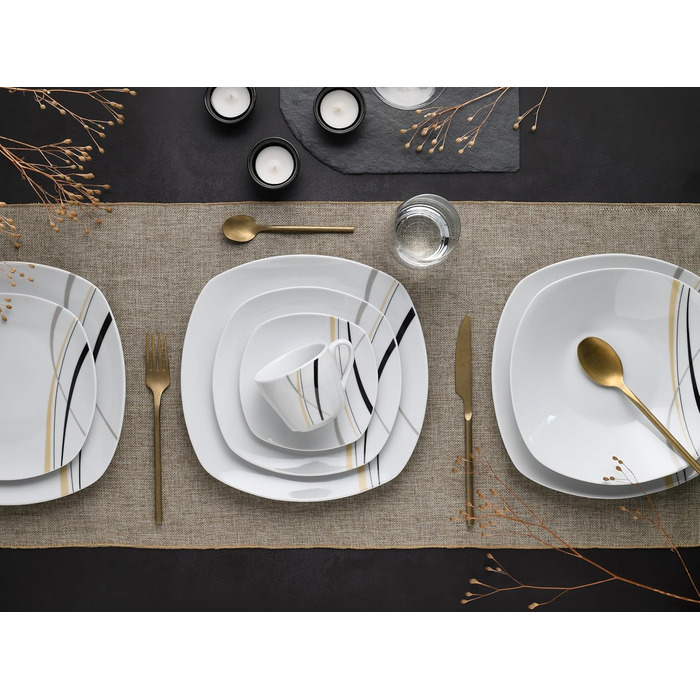 CreaTable Серія Square City Line: 18-частинний набір посуду для 6 осіб, кавовий сервіс з порцеляни, придатний для миття в посудомийній машині та використання в мікрохвильовій печі, преміум-якість (комбінований сервіс 30 шт.)