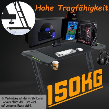 Ігровий стіл YRHome 120x60 см: стіл для комп'ютера з підстаканниками, кабелепроводами та карбоновою поверхнею. Ергономічний стіл для геймерів та офісу, чорний (без LED). Розмір 140x60 см з LED також доступний.