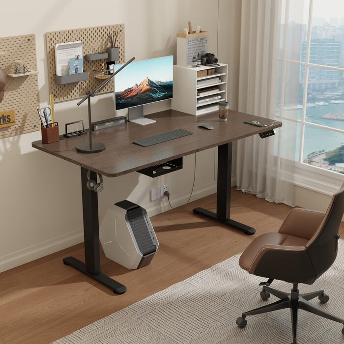 Регульований за висотою стіл Airfish з USB-роз'ємом, електричний стіл з кабельною коробкою, комп'ютерний/офісний стіл, стоячий стіл з нагадуванням про сидячу роботу (Нут, 120 x 70 см)