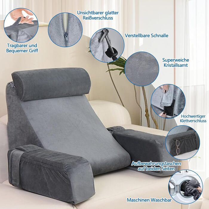 Підголовник для читання в ліжко/диван з підлокітниками та подушкою для голови, спинка для дорослих, V-подібний килимок знімним чохлом, килимок для читання/ігор/перегляду телевізора