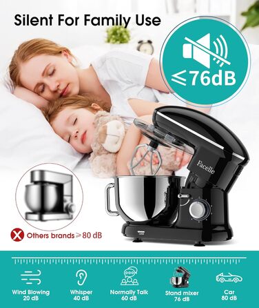 Кухонна машина Facelle 1500W з нержавіючою чашею 6.2 л, 6 швидкостей, комплект насадок (чорна)