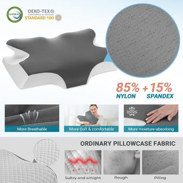 Ортопедична подушка Elviros з Memory Foam, ергономічна підтримка шиї для тих, хто спить на боці, спині та животі, знімний чохол, темно-сіра