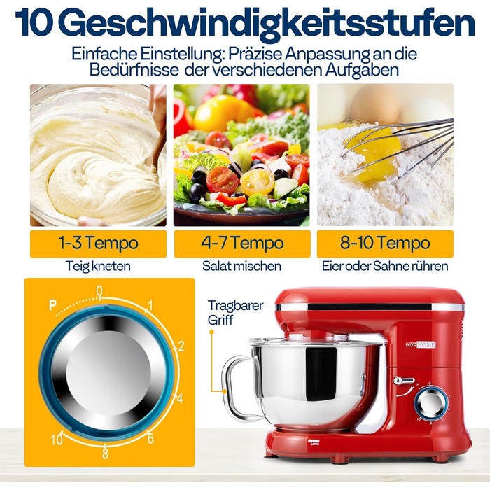 Кухонна машина VIVOHOME 5.7L: потужний міксер з 10 швидкостями, функцією імпульсу та набором насадок (червоний)