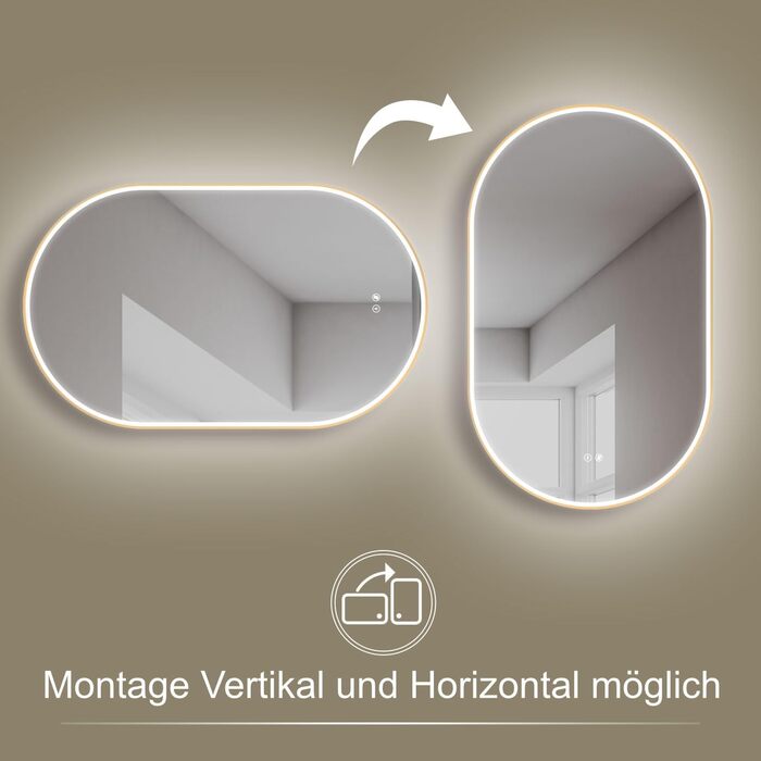 Дзеркало для ванної кімнати HOKO круглої форми 80 см з підсвічуванням, антизапарюванням, рамкою, сенсорним вимикачем, функцією пам'яті та регулюванням кольору світла (2700-6500K) - тепле, холодне, нейтральне світло (75 x 45 см, золотий овал)