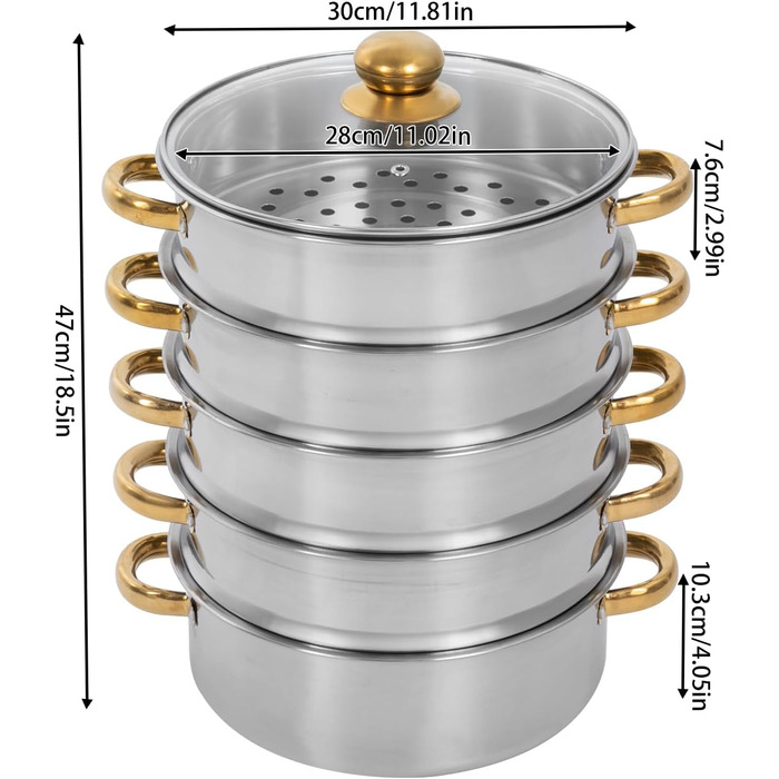 Пароварка з нержавіючої сталі SICHENSH 5-шарова зі скляною кришкою, золотисті ручки, 30см