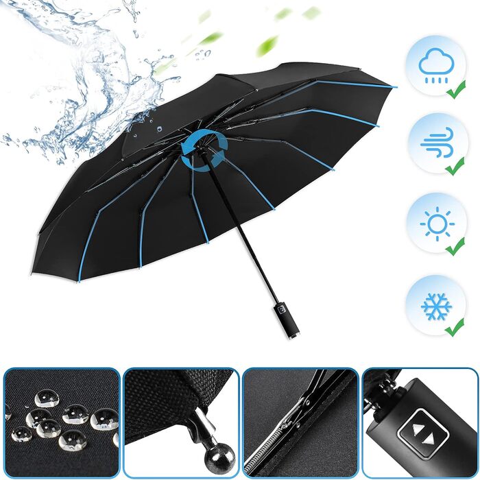 Полігоно-парасолька штормостійка, кишенькова парасолька автоматична відкривати і закривати для чоловіків і жінок, компактний, 12 кістяних парасольок великий, діаметр 105 см чорний