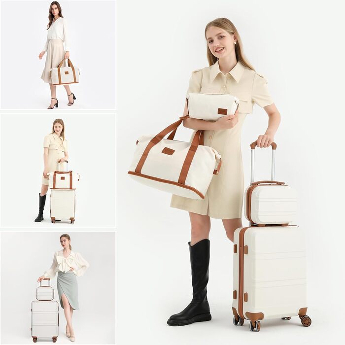 Набір валіз KONO 6 в 1: велика валіза, ручна поклажа, косметичка, сумка для культури. Колір: кремовий