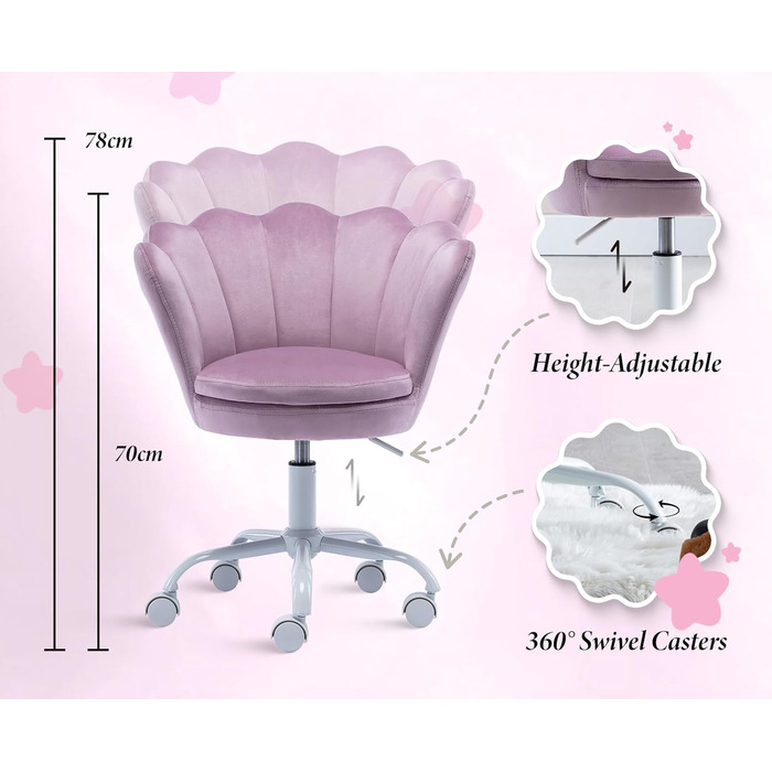 Дитячий стіл для письма Kinder Schreibtischstuhl - регульований, поворотний, з м'якою оббивкою з велюру, квітка, для дівчаток, фіолетовий