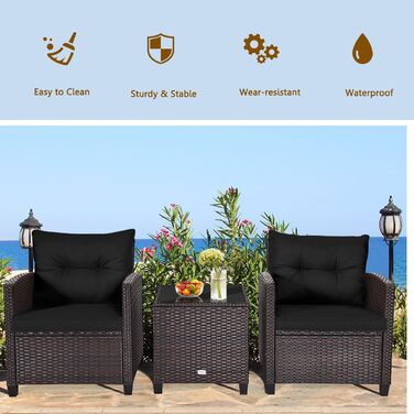 Набір садових меблів LIFEZEAL 3 предмети: 2 крісла та стіл з ротангу PE, чорний. Садовий комплект для тераси, балкона, саду з подушками