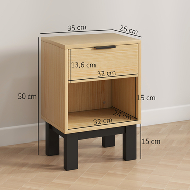 Приліжкова тумбочка з шухлядою та відкритою полицею, 35 x 26 x 50 см, дуб