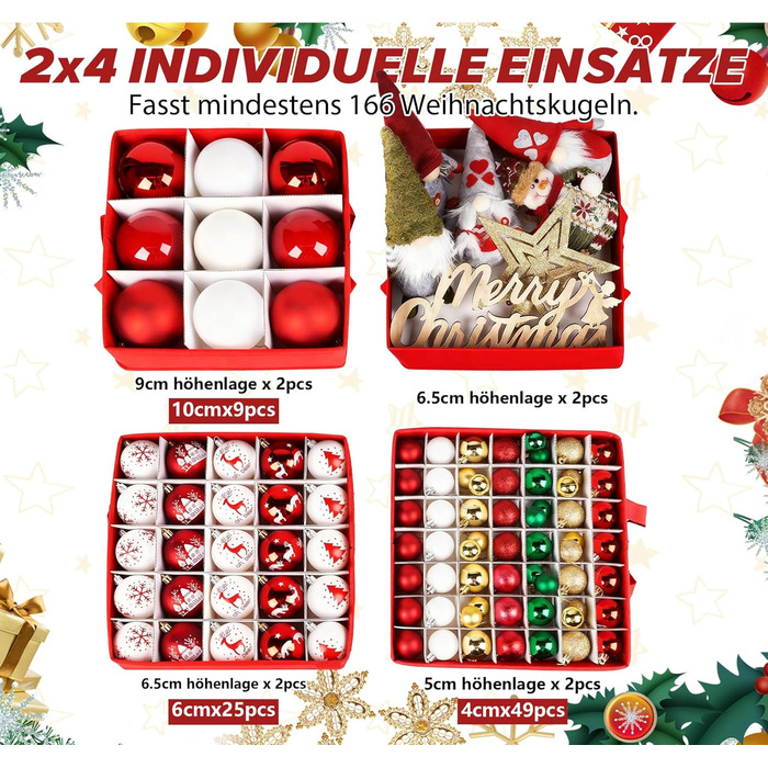 Коробка для зберігання новорічних прикрас з 166 відділеннями, 31x31x30 см, червона, з сніжинками