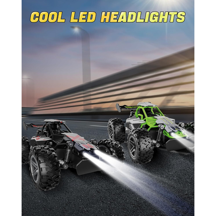 RC Автомобіль на радіокеруванні 2.4GHz, Monstertruck 15+ км/год зі світлодіодами, іграшка для хлопчиків, чорно-червоний (сірий/зелений)