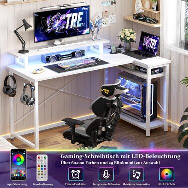 Ігровий кутовий стіл L-подібної форми з LED-підсвічуванням та розетками, 120x70 см, колір дуб (білий)