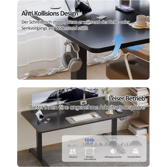 Електричний регульований стіл Devoko 120x60 см, стабільний офісний стіл, стіл для стояння та сидіння, комп'ютерний стіл з функцією пам'яті (чорний)