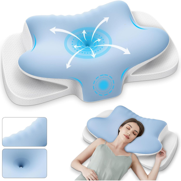 Подушка для шиї з піною з пам'яті, дихаюча, ергономічна, 65x37x10/12 см (Блакитна)