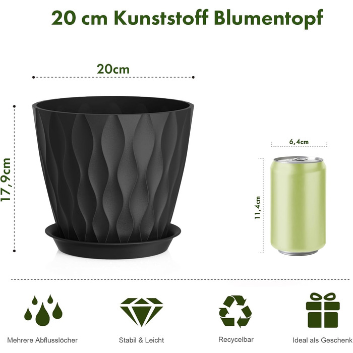 Набір горщиків для квітів 20 см, 5 шт. Чорні пластикові горщики з підставкою та дренажними отворами, 3D-текстура, для монстери, герані та кімнатних рослин, внутрішнє та зовнішнє використання