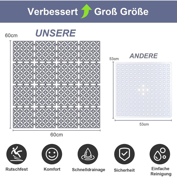 Нековзний килимок для душу XIYUNTE 60x60 см, стійкий до цвілі, можна прати в пральній машині, не містить BPA та латексу, сірий