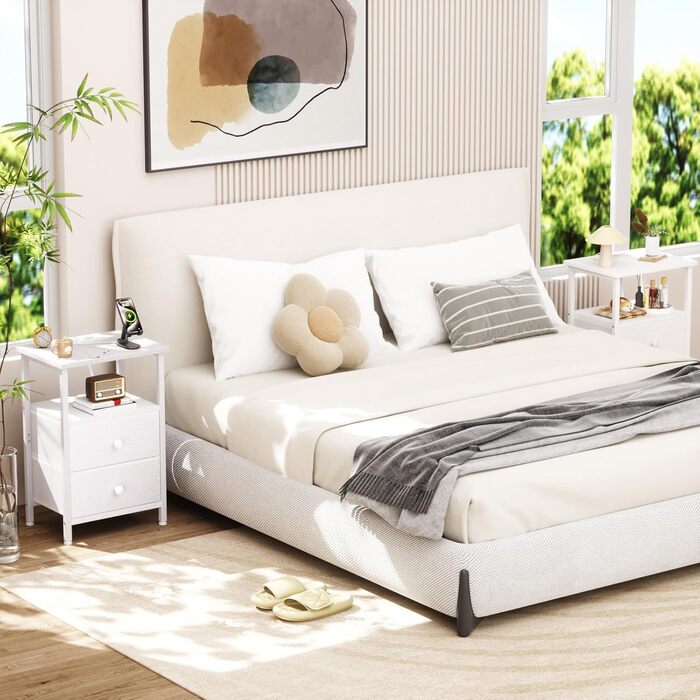 Нічний столик AMHANCIBLE з підзарядкою, приліжкові столики з висувними ящиками з тканини, журнальний столик з відкритою полицею, з 2 USB-портами та 2 розетками, для спальні та вітальні, HETS020GY-1 (Білий)