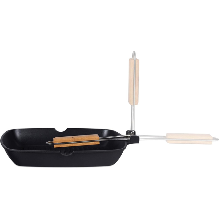 Сковорода для барбекю Relaxdays зі знімною дерев'яною ручкою, з антипригарним покриттям, алюмінієва, чорна, 5,5 x 51 x, з заглибленнями для барбекю