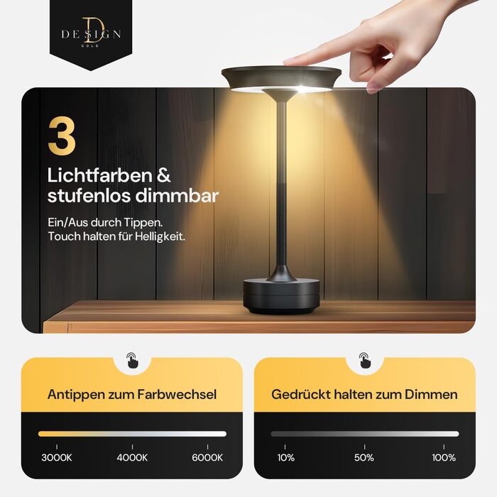 LED настільна лампа Designgold бездротова - стильний дизайн з акумулятором та USB-C - 3 кольори світла та регулювання яскравості - бездротова свобода для використання в приміщенні та на вулиці - акумуляторна, чорна