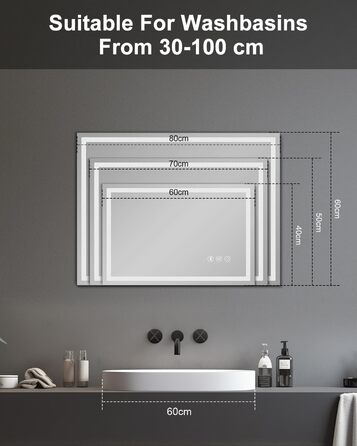 Дзеркало для ванної кімнати Habison з підсвічуванням LED, 50x70 см, сенсорне керування, димування, 3 колірні температури, функція пам'яті, проти запотівання, Bluetooth, матова центральна частина