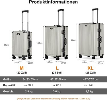 Набір валіз HOMELUX 3 шт. (M-L-XL) з ABS-пластику, сріблясті, з жорсткою обшивкою, з ручкою-телескопом, для подорожей