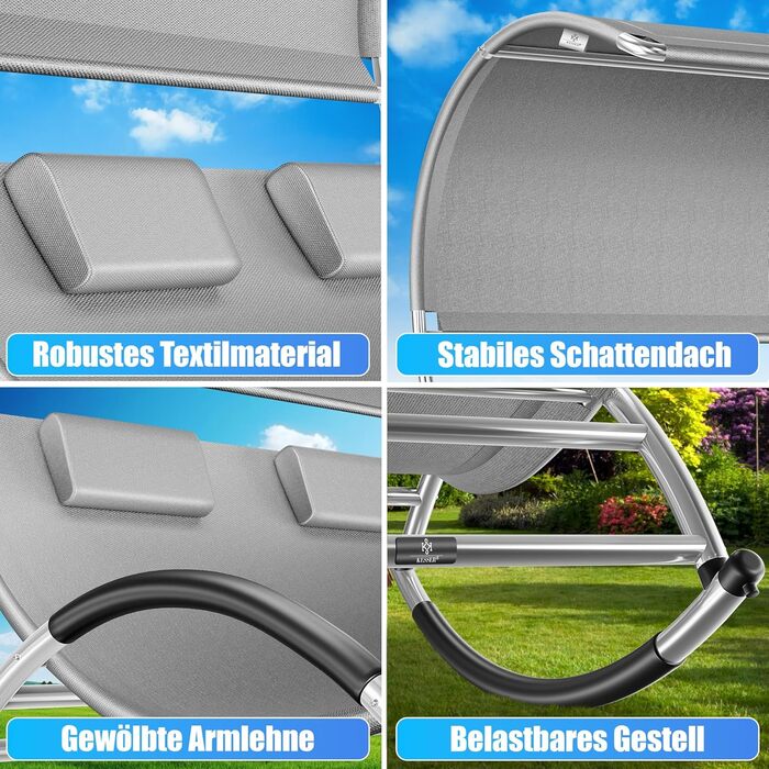 Кесер® Подвійна шезлонг для відпочинку з сонцезахисним дахом, подушкою для голови та кишенею для 2 осіб, садова шезлонг, 240 кг, сірий