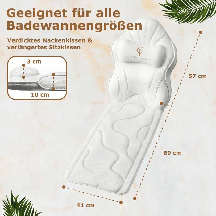 Подушка для ванни повномірна (126x41 см) з підголовником (13 см) для підтримки шиї, спини та ніг - біла, тепла біла