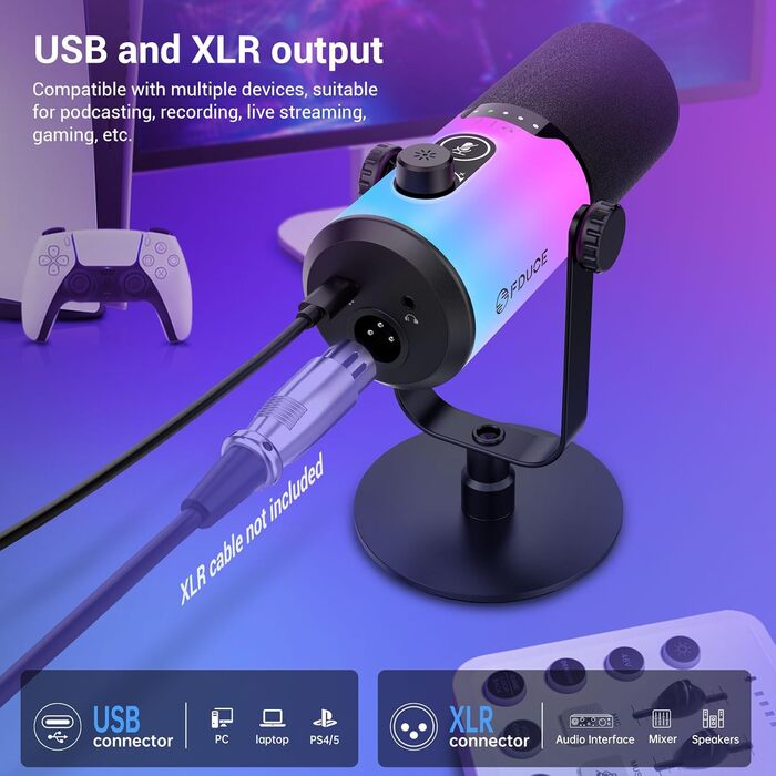 USB/XLR мікрофон для геймінгу та запису голосу FDUCE з RGB підсвічуванням, регулятором посилення та навушником.