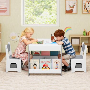 Дитячий стіл LIFEZEAL 3 в 1 з 2 стільцями: стіл для малювання, активностей та обідній стіл. Дерев'яна дитяча група з місцем для зберігання (світло-сірий)