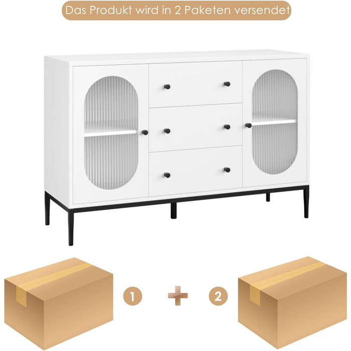 Буфет-шафа FirFurd 120 см білий з робочою поверхнею, 2 скляні дверцята та 3 висувні ящики для кухні, вітальні, їдальні. Розміри: 120x38x80 см