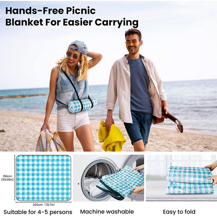 Пляжна ковдра AOSTOK для пікніка, пляжний килимок, водонепроникна пляжна ковдра з ручкою для перенесення, пляжна ковдра для кемпінгу, пікніка, подорожей 200x150 см (синя)