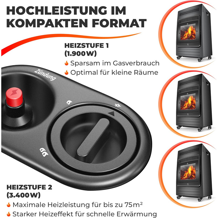 Газовий нагрівач KESSER®: газовий камін-нагрівач, 3.4 кВт, інфрачервоний, 2 режими, з регулятором та шлангом, чорний
