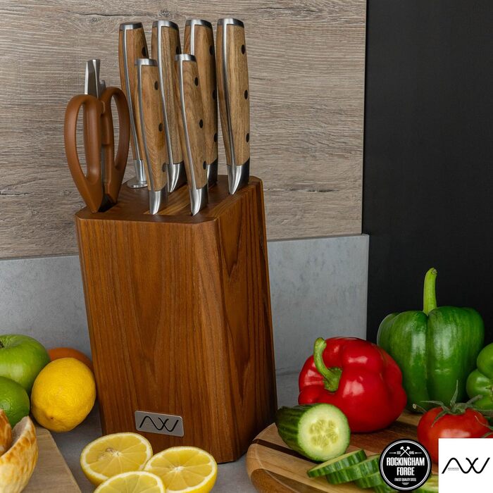 Набір кухонних ножів Rockingham Forge Ashwood 8 предметів з дерев'яною підставкою, точилка та ножиці – професійні ножі з нержавіючої сталі, преміум-якість