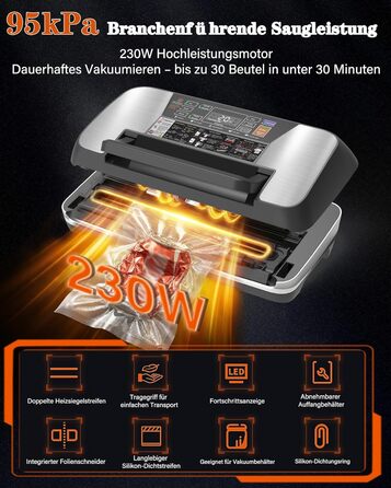 Вакууматор для продуктів 12-в-1 (95 kPa) з подвійним швом, системою Easy-Lock та вбудованим різаком, сріблястий