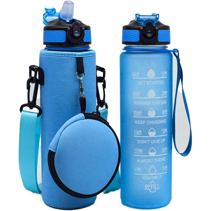 Пляшка для води об'ємом 1 л з позначкою часу з соломинкою та неопреновим рукавом, включаючи мішок I без бісфенолу А, поліпропіленовий матеріал (синій), 2002
