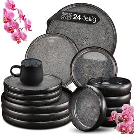Набір посуду Moritz & Moritz SOLID 24 предмети для 6 осіб, кераміка, антрацит - обідні тарілки, глибокі тарілки, маленькі тарілки, чашки з ручками