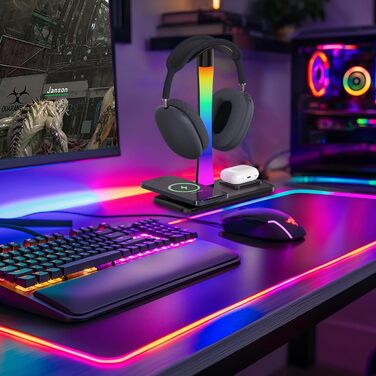 Підставка для навушників з бездротовим зарядним пристроєм, RGB-підсвічуванням, сумісна з Airpod Max, Airpod Pro/3/2, iPhone 16/15/14/13/12/11, Samsung, ідеальний подарунок для геймерів, чорний колір