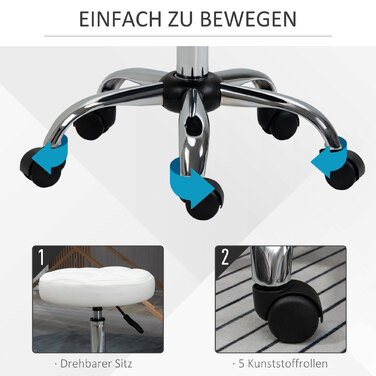 Vinsetto Rolling Stool Регульований по висоті поворотний робочий стілець для офісу та салону, штучна шкіра Білий Ø35,5 x 51-67 см