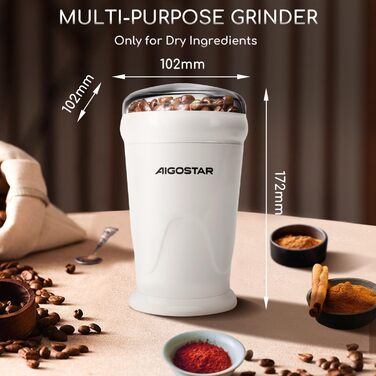Кавомолка електрична Aigostar для кави, спецій, горіхів та зерна, нержавіюча сталь, 60г, 200 Вт, біла (2 шт)