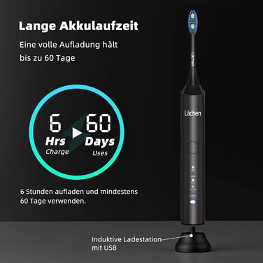 Електрична звукова зубна щітка Läschen з 5 режимами, кейс, 4 насадки, USB-зарядка, таймер, IPX7, чорна