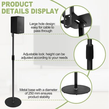 Підставка для колонок, регульована по висоті, для колонок до 73-140 см, 2 шт., для сателітів до 5 кг, інтегроване кабельне управління, універсальна (чорний)