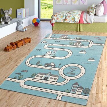 Дитяча кімната Ігровий килимок з коротким ворсом Вуличні міські автомобілі Ігровий килимок синього кольору, розмір 120x170 см (квадрат 133 см)