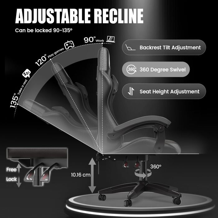 Ігровий крісло Bigzzia - ергономічне крісло для ПК з підголівником, RGB підсвічуванням, для юнаків та дорослих (чорно-сірий, без LED)