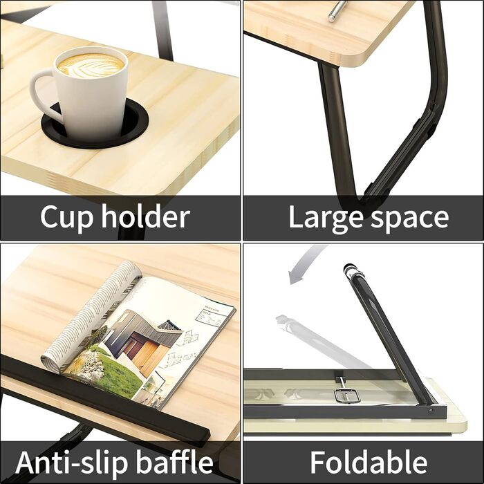Столик для ноутбука та ліжка з регульованими ніжками та тримачем для чашки, підставка для ноутбука, піднос для сніданку, столик для читання на диван, ліжко, терасу, балкон (Білий, Горіх)