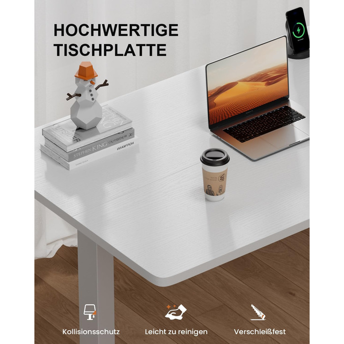 Регульований стіл з USB-зарядкою та розеткою, 100 × 60 см. Електричний стіл, регульований комп'ютерний стіл з 3-функціональною пам'яттю, білий. 100 x 60 см