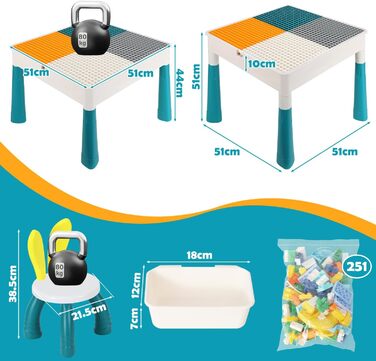 Дитячий стіл з 2 стільцями, ігровий стіл для дітей з 251 кубиком, багатофункціональний стіл для активностей від 2 років з місцем для зберігання, творчий стіл для конструювання з набором кубиків