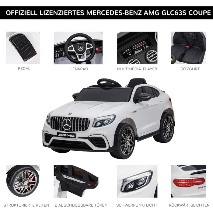 Дитячий електромобіль Mercedes-Benz AMG GLC63S Coupe 12V, ліцензійний, з пультом ДУ, ременем безпеки, 2x35W, білий, для дітей 3-5 років, HOMCOM