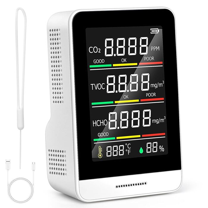 Монітор якості повітря 5-в-1 для дому: CO2, HCHO, TVOC, температура, вологість, запис даних, компактний та портативний