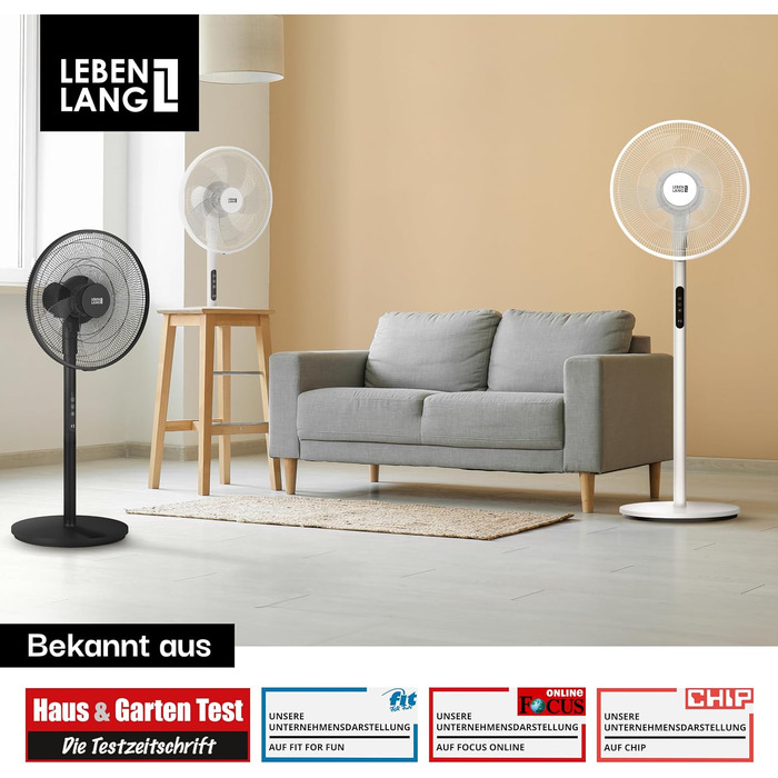 Підлоговий вентилятор LEBENLANG з пультом керування, LED-дисплеєм, 5 режимів, енергозбереження, осциляція, тиха робота, таймер, 60W, чорний